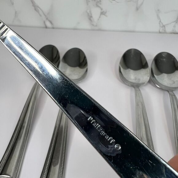 Set of 6 Pfaltzgraff Miranda Glossy Soup Spoons – 8" Beaded, Square Handle‎ - Picture 3 of 11